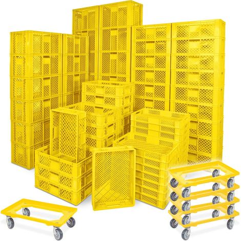 BRB 78 Stück Stapelkörbe/Bäckerkästen in 5 Größen, Grundmaß LxB 600x400 mm, H 90 mm, 150 mm, 240 mm, 320 mm, 410 mm, + 5x Transportroller gelb (gelb)