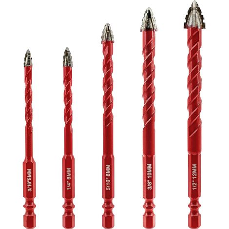 Set de Foret Sec - 5 Pièces 5/6/8/10/12mm Foret Excentrique Dentelé avec Changement Rapide Tige Hexagonale pour Bois Plastique Maçonnerie Céramique Béton Marbre (1/5)