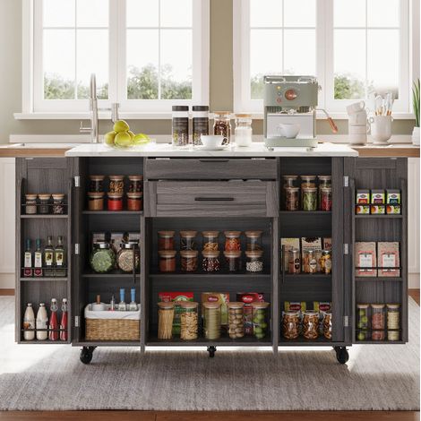 Isola cucina 136/70/92 cm grigio con piano estraibile e ampio spazio contenitivo (1/5)