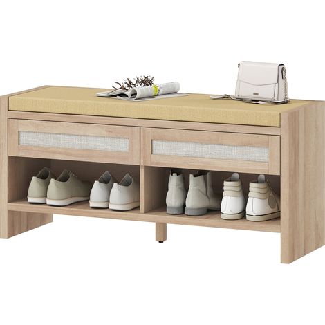 Banc chaussures entrée, banc de rangement, assise rembourrée en lin, 2 tiroirs en rotin et étagère ouverte, chêne (1/5)