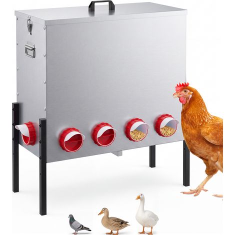Mangeoire pour Poules en Métal Galvanisé, 54 x 41 x 44–56 cm Grande Mangeoire avec Pieds Réglables, Ouverture d'Alimentation Couverte, avec 10 trous (1/5)