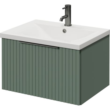 Helix 460 Fluted Satin Green 600mm Wall Mounted 1 Drawer Vanity Unit with Glide Basin