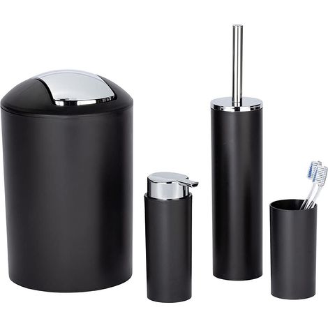 Ensemble de 4 Accessoires de Salle de Bain Calvo Distributeur de Savon, gobelet, Brosse WC, Poubelle de Toilette Noir et chromé en Plastique (1/5)