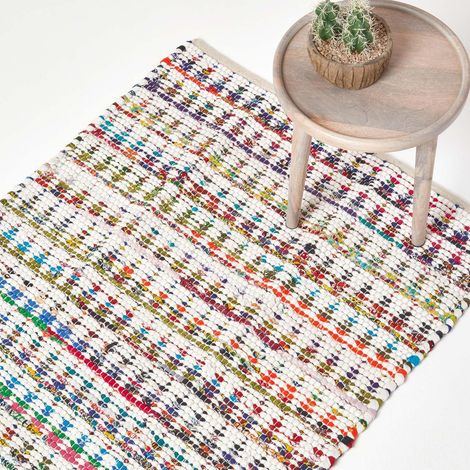 HOMESCAPES Handwoven Multi Coloured 100% Cotton Diamond Chindi Rug, 66 x 200 cm