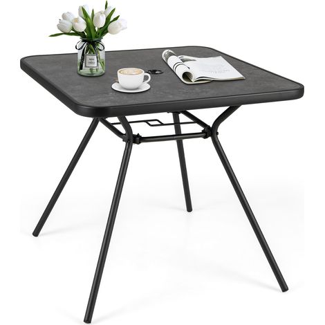 CASART Patio Dining Table 80cm Square Outdoor Table w/ 4CM Umbrella Hole-Black (1/5)