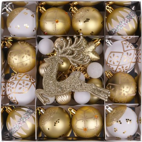 Décorations de Noël, boules de Noël vintage, décorations de Noël classiques à suspendre, ensemble de 45 pièces (blanc et or).