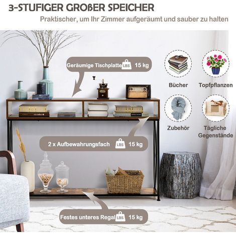 Brauner konsolentisch mit offenem regalund stahlrahmen 120 x 23 x 79 cm (1/5)