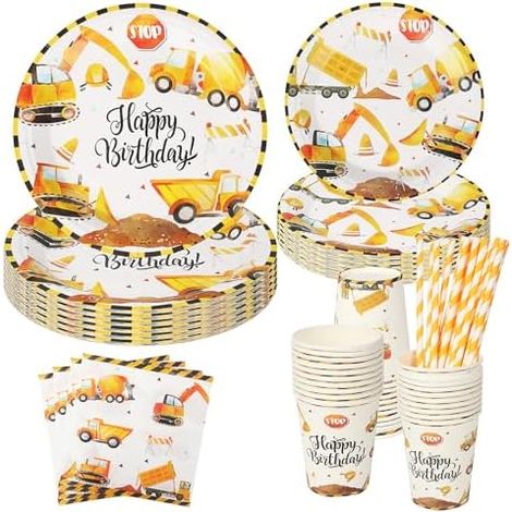 Chantier De Construction Assiette Anniversaire pour 20 Invités, Kit Vaisselle Anniversaire, Vaisselle de Fête Sur Chantier pour Decoration Anniversaire Chantier pour Decoration (1/5)