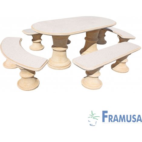 CONJUNTO COMEDOR PIEDRA OVALADO JARDIN SAUCE PULIDO OCRE