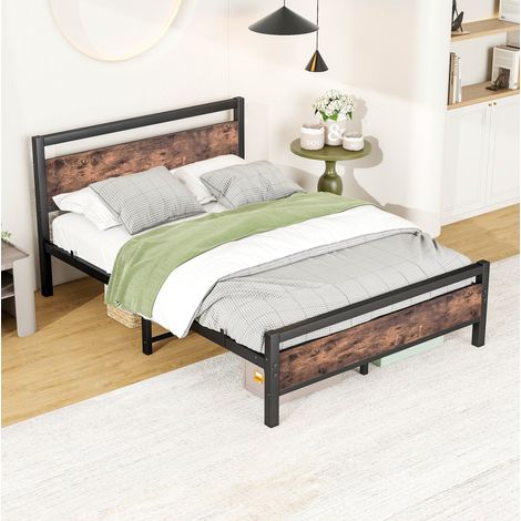 Lit double 140x190 cm en métal brun antique avec tête et pied de lit hauts, rangement sous le lit (1/5)