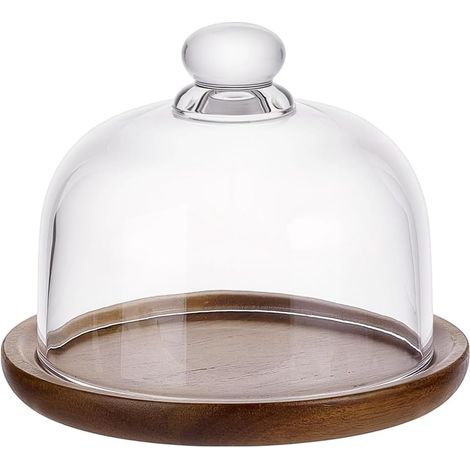 Mini support à gâteau en bois d'acacia avec dôme en verre, petite cloche en verre transparent, couvercle de pot à gâteau, dôme en verre avec base pour cadeaux de pâtisserie de cuisine, 16 x 11,5 cm (1/4)