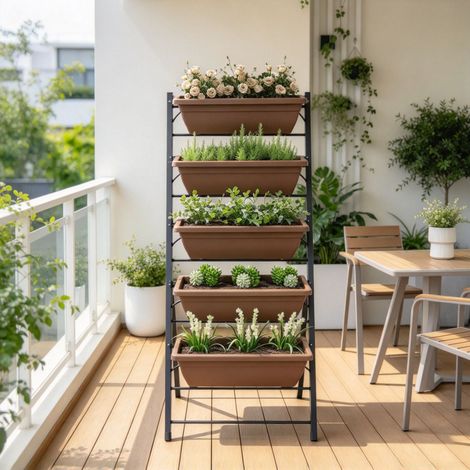 Potager surélevé vertical avec 5 jardinières, trous de drainage, structure en acier brun, idéal pour fleurs, herbes et légumes, balcon et terrasse. (1/5)
