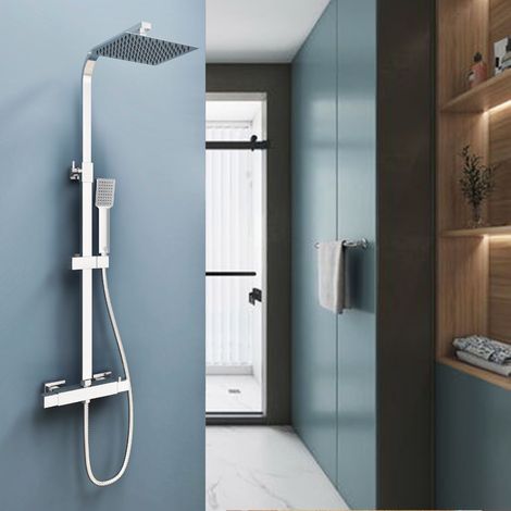 AICA Columna de Ducha con Termostato 38℃, Cuadrada Plata Ducha Lluvia, Mezclador de Acero Inoxidable 80-120cm (1/5)