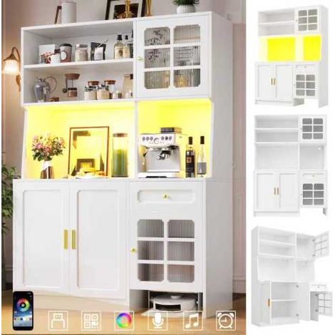 LUHOMFU - Meuble haut de cuisine avec éclairage LED intelligent, espace pour robot aspirateur, portes en verre cannelé, rangements ouverts et fermés, tiroirs, poignées dorées, blanc, 130 × 45 × 180 cm (1/5)