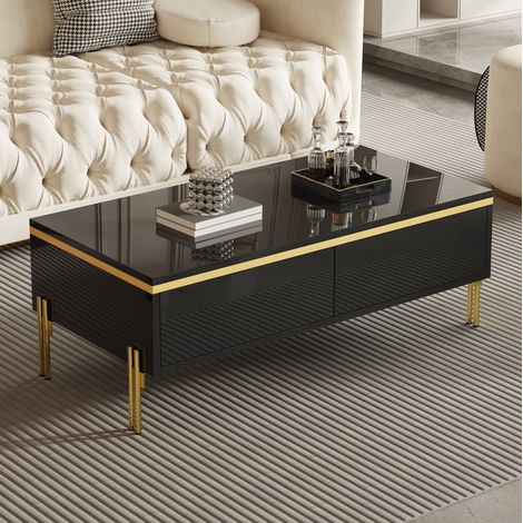 Mesa de centro 100x50x36 cm negra en tablero de partículas con brillo y cajones ocultos (1/5)
