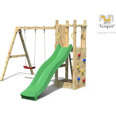 Aire de jeux avec toboggan 2,2m – Bac à sable avec 2 sièges – Échelle avec barreaux métalliques – Bois en pin autoclave FSC – Fungoo (1/6)