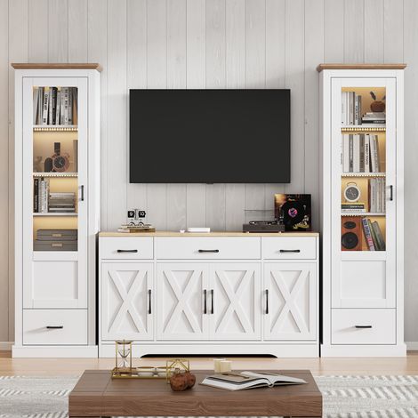 Ensemble de salon: deux vitrines LED blanches mates et un buffet blanc multifonction, adapté salle à manger et espace de vie