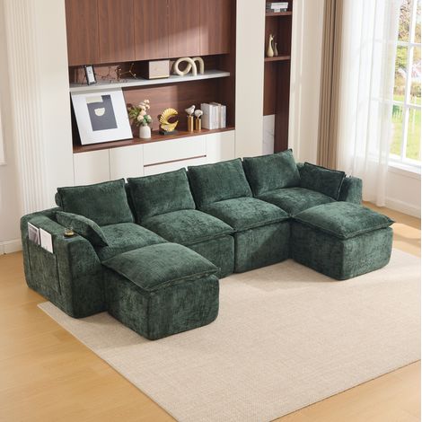 FloraGrace Canape modulaire 4 places, 322 x 161 x 75 cm, chenille verte, poches laterales, coussins (1/5)