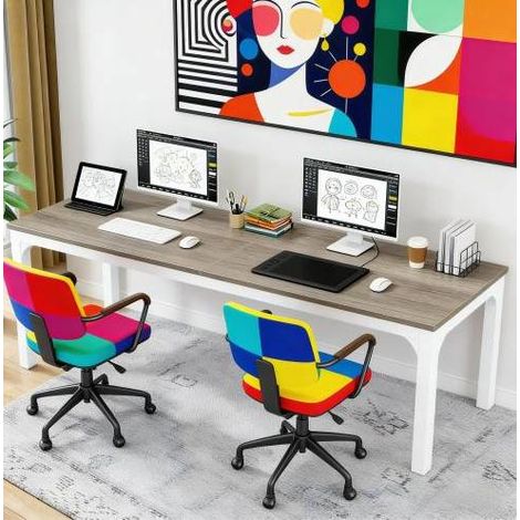 Computertisch 200 x 70 x 75 cm für 2 Personen, Metall und Holz taupe weiß OKMYHOME (1/5)