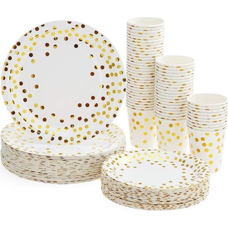 Lot Assiettes et Gobelets Jetables, 180 pièces Vaisselle Carton Jetable pour Anniversaire Fêtes Mariage avec motif doré 60 Homme Utiliser, 60 goblets + 60 Assiettes à Dessert + 60 Grandes Assiettes-Fe (1/3)