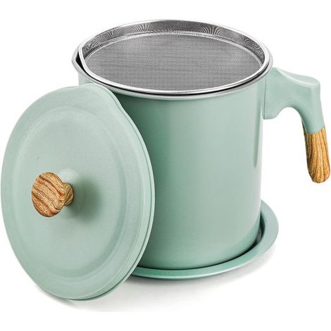 Contenitore per grasso con setaccio, 1,4 l/48 oz, filtro per olio da cucina in acciaio inox, contenitore verde per olio da cucina usato, grasso e olio di frittura (1/5)
