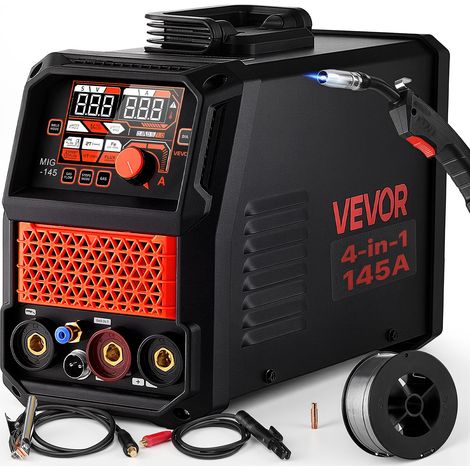 VEVOR Saldatrice MIG 145A 4 in 1 MIG a Gas/MIG a Filo Animato/Lift TIG/MMA Macchina Saldatrice Portatile, Controllo Sinergico, Modalita 2T/4T, Inverter IGBT e Display Digitale, per Metallo e Fai da Te (1/5)