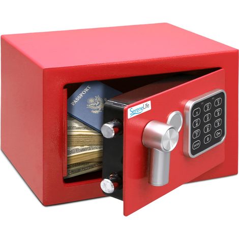 Coffre-Fort Numérique en Acier – 23x17x17 cm, Sécurité Électronique + Clé, Rangement pour Argent, Armes, Bijoux, Passeports – Pour Maison, Hôtels, Placards, Bureau – Rouge (1/5)