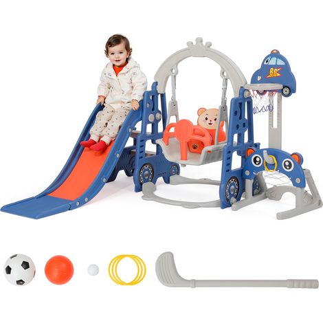 YOLEO 5 in 1 Set Scivolo e Altalena per Bambini, Canestro da Basket, Porta da Calcio, Gioco del Lazo, Hockey, Facile da Installare, Robusto (1/5)