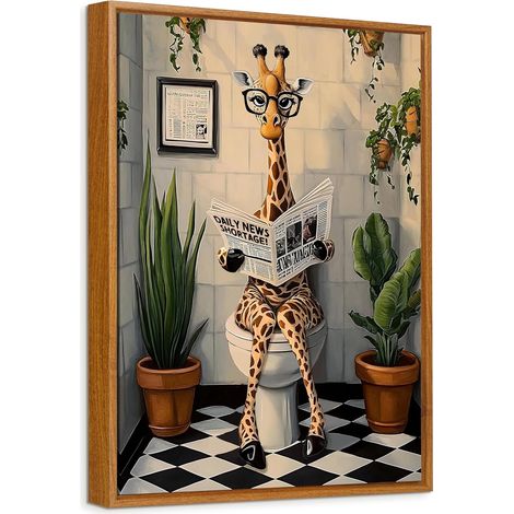 Giraffe Tableau Encadrée Poster Mural Peinture Impression sur Toile Image Affiche Giraffe Amusante Lisant le Journal sur les Toilettes ableau Decoration Murale Salon Salle de Bains WC 30x40cm (1/5)