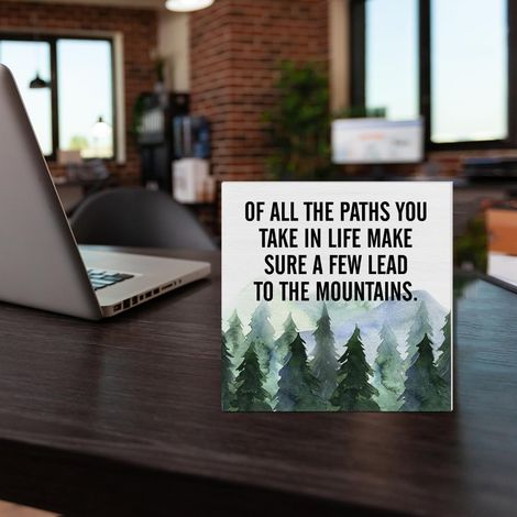 Décoration de bureau panneau en bois avec citation inspirante : "Tous les chemins que tu empruntes dans la vie", décoration carrée de bureau, art de montagne, panneau en bloc en boîte en bois pour éta (1/5)