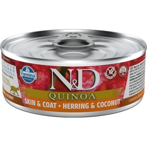 Farmina  Quinoa N&D  Lata de 80 g - Piel y Revestimiento  Arenque, quinoa, coco y cúrcuma 80 g