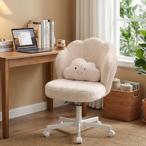 Chaise Pétale de Bureau avec Dossier Double Couche et Coussin Lombaire Nuage, Réglable, Pivotante, Tissu Teddy - Beige
