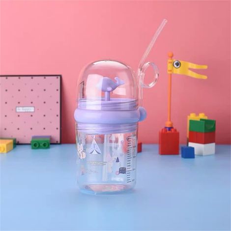 Bouteille d'eau baleine pour enfants, gobelet anti-fuite avec paille, idéal pour l'été, design plastique durable (sangle violette) (1/2)