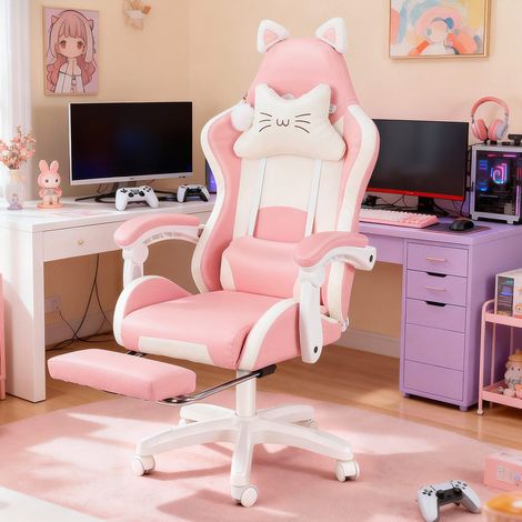 Gaming Stuhl Bürostuhl Ergonomisch mit Kopfstütze und Katzenohren (1/5)