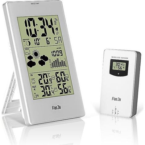 FanJu Drahtlose Wetterstation mit Thermometer, Hygrometer, Barometer und Wecker für den Innen- und Außenbereich