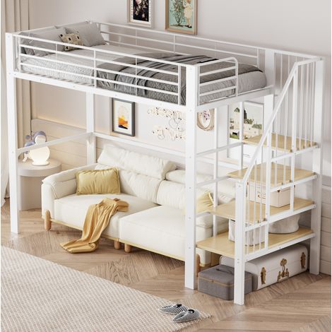Cama alta con almacenamiento y escalera blanca OKMYHOME (1/5)
