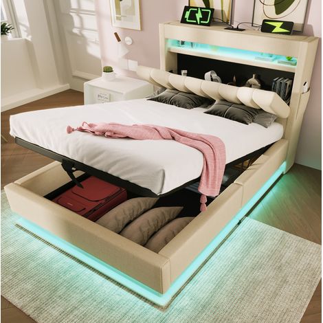 Bett mit Stauraum Leinen Beige 90x200 cm, mit LED-Beleuchtung, Kopfteil mit USB und Typ-C, inklusive Lattenrost (1/5)