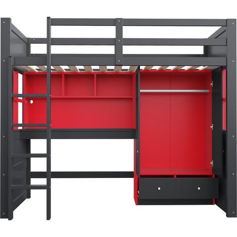 Lit mezzanine 90 x 200 cm avec escalier, bureau, armoire et tiroirs, noir et rouge (1/5)