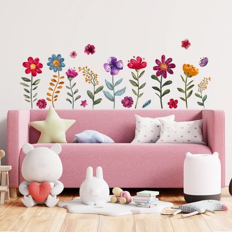 Lntyq Stickers Muraux Fleurs Autocollant Mural Jardin Floral Plinthe Deco Stickers Salle de Bain Chambre Enfants Bébé Décoration