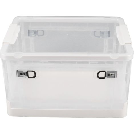 Boîte de rangement transparente, pliable et empilable, avec 3 côtés ouvrants et roulettes, idéale pour livres et vêtements (55 L). (1/5)