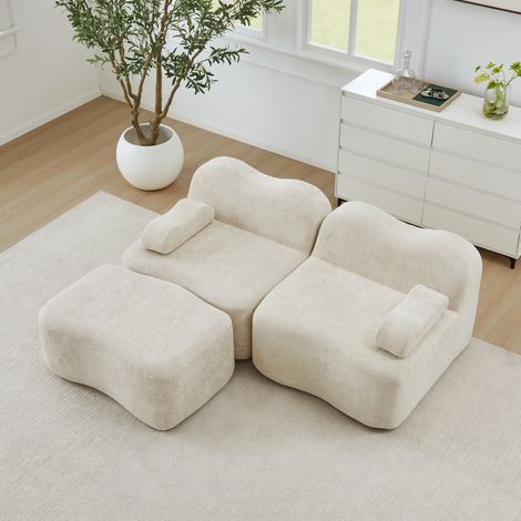 Sofá modular esquinero 192x167x70 cm beige en terciopelo con otomana, forma ondulada y sin montaje (1/5)