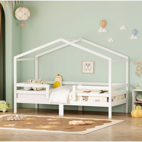 Letto casetta per bambini 90x200 cm in legno con tetto, protezione su 3 lati e rete a doghe inclusa - bianco (1/5)
