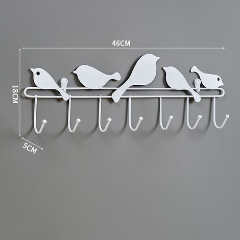 Klebehaken ohne Bohren, Wandgarderobe mit 7 Haken im Vogel-Design in Weiß, langes Regal zur Aufbewahrung von Kleidung und Accessoires-lsw