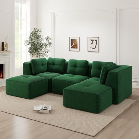 Modulares Wohnzimmersofa ohne Gestell, modulares Sektionssofa mit Ottomane, geeignet für das Wohnzimmer, dreisitziges Cord-Sofa mit tiefer Sitzfläche, keine Montage erforderlich,Grün