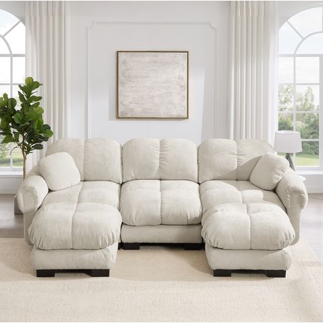 Divano 3 posti a U con pouf mobile e 2 cuscini, ciniglia, beige chiaro HAVRYA (1/5)