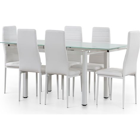 Mesa de Cristal Extensible 170cm + 6 Sillas Polipiel