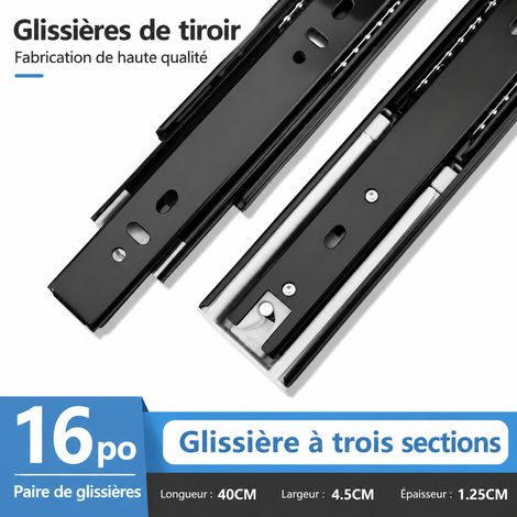 Glissières de tiroir télescopiques 3 sections 16 pouces 40 cm en acier noir à fermeture amortie 16 40cm réf 8832 40 × 1 × 1 cm 878 g – Livraison gratuite