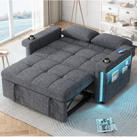 2-Sitzer Schlafsofa 145 x 141,5 x 90 cm Chenille grau mit LED für kleines Wohnzimmer – MEUBLIV (1/5)
