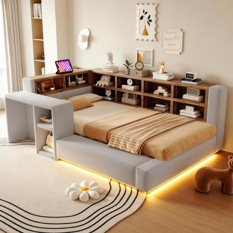 Lit adulte 90x200 cm avec rangements, tête de lit avec prises et LED, en velours, gris, sans matelas (1/4)