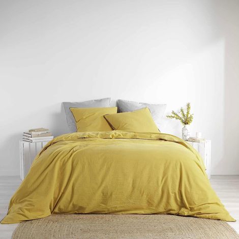 Douceur D'Intérieur – Housse de couette 260 x 240 cm en coton lavé 57 fils – Couleur jaune avec liseré noir – Ensemble avec 2 taies d'oreiller 63 x 63 cm (1/5)